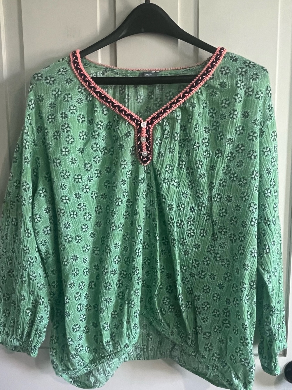 aerie Green Eyelet Peasant Top with Pink Trim